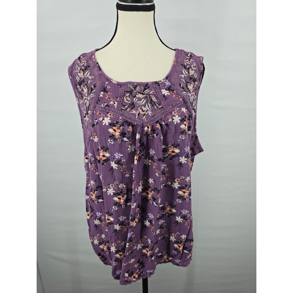 Mason & Belle Purple Floral Lace Trim Sleeveless Blouse Plus Size 2X XXL Boho